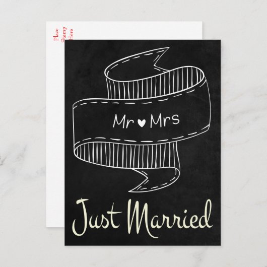 白黒たった今結婚しました結婚シャルボードズ 案内ポストカード (正面/裏面)