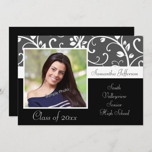 白黒つる植物写真卒業 招待状 (正面/裏面)