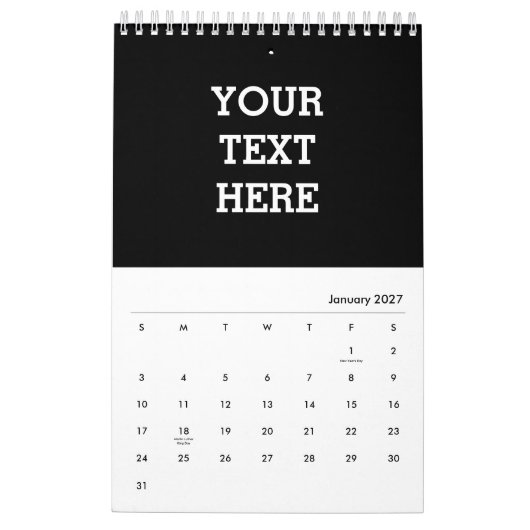 白黒で自分のカスタム文字を追加する カレンダー (1月 2027)