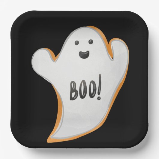 白黒とオレンジのハロウィーン幽霊 ペーパープレート (正面)
