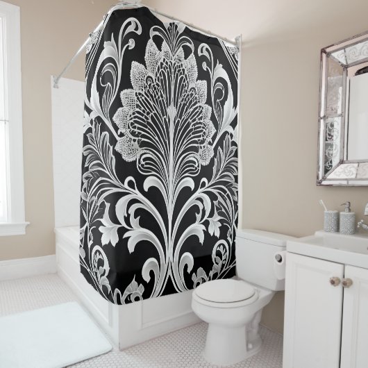 白黒とグレーのフラワーシャワーカーテン シャワーカーテン (インサイチュ)