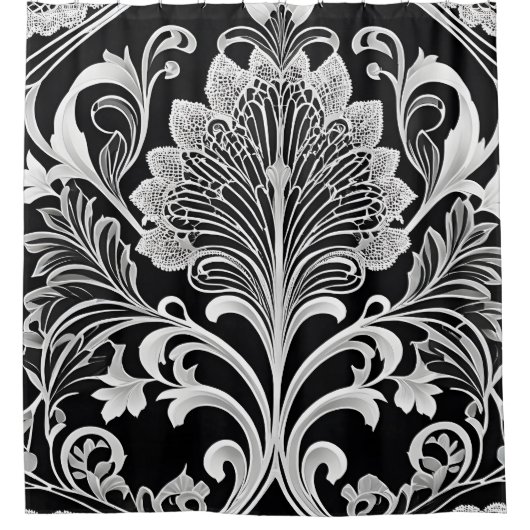 白黒とグレーのフラワーシャワーカーテン シャワーカーテン (正面)