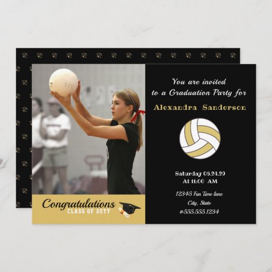 白黒とゴールデンバレーボールの卒業式パーティー 招待状 (正面/裏面)