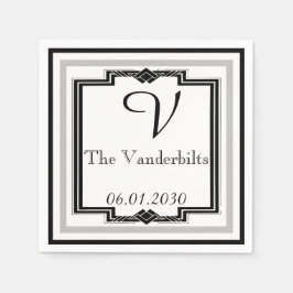白黒とシルバーのアールデコフレーム結婚ズ スタンダードカクテルナプキン