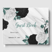 白黒とティール（緑がかった色）の花グレーの植物大理石 ゲストブック (正面)