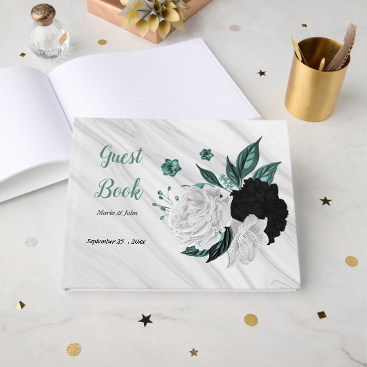 白黒とティール（緑がかった色）の花グレーの植物大理石 ゲストブック (正面見開き)