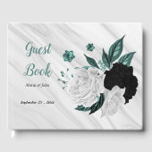 白黒とティール（緑がかった色）の花グレーの植物大理石 ゲストブック (正面)