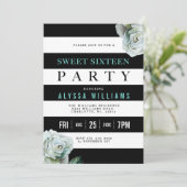 白黒とティール(緑がかった色)バラスウィート16パーティー 招待状 (スタンド正面)