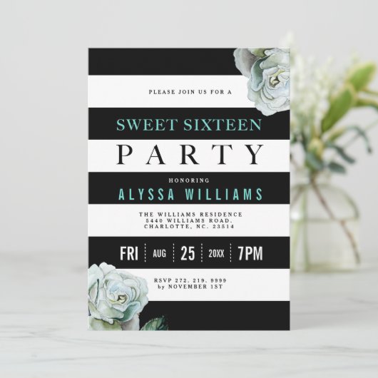 白黒とティール（緑がかった色）バラスウィート16パーティー 招待状 (スタンド正面)