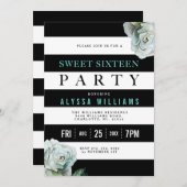 白黒とティール(緑がかった色)バラスウィート16パーティー 招待状 (正面/裏面)