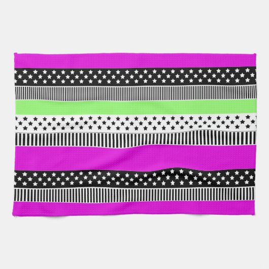 白黒とネオンのパッチワークストライプ キッチンタオル (横)