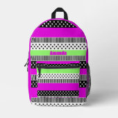 白黒とネオンのパッチワークストライプ プリントバックパック (正面)