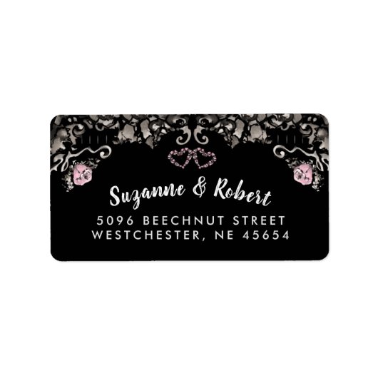 白黒とピンクのフローラ結婚ハートのアドレス ラベル (正面)