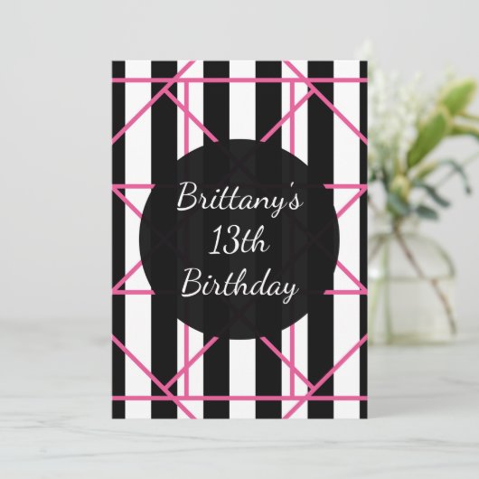 白黒とピンクの幾何学的パーティの招待状 招待状 (スタンド正面)