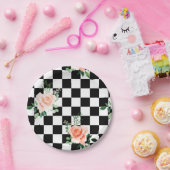 白黒とピンク市松模様にローズプリント ペーパープレート (パーティー)