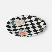 白黒とピンク市松模様にローズプリント ペーパープレート (アングル)