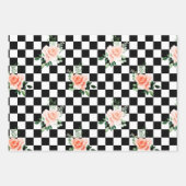 白黒とピンク市松模様にローズプリント ラッピングペーパーシート (正面2)