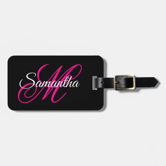 白黒とホットピンクのファンシースクリプトモノグラム ラゲッジタグ (正面横)