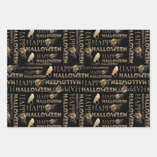 白黒とモダン金ゴールドシック大人ハロウィーン ラッピングペーパーシート (正面3)