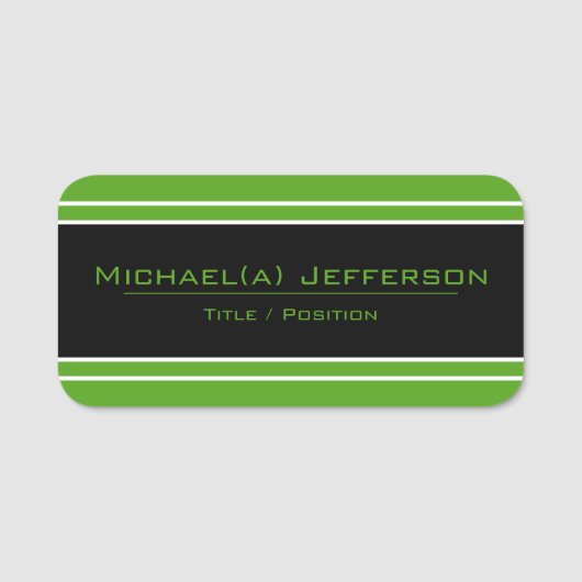 白黒と明るい緑(白ストライプ色エレガント): 名札 (正面)
