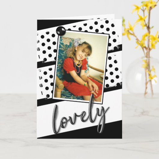 白黒と水玉模様素敵な誕生日の写真 カード (黄色い花)