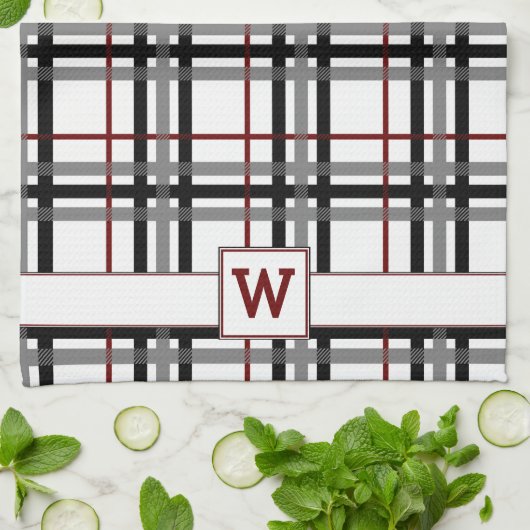 白黒と赤い格子柄のキッチンタオル キッチンタオル (折り畳み)