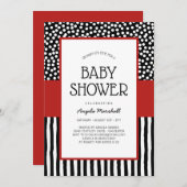 白黒と赤お洒落いベビーシャワー 招待状 (正面/裏面)