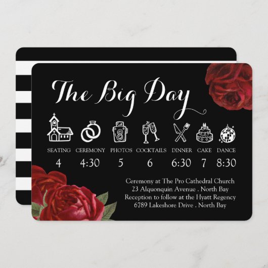 白黒と赤のバラ結婚ズのタイムライン 招待状 (正面/裏面)