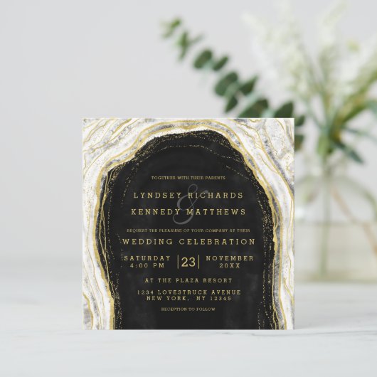 白黒と金ゴールドのゲードスライス結婚ズスクエア 招待状 (スタンド正面)