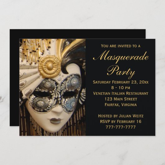 白黒と金ゴールドの仮装パーティの招待状 招待状 (正面/裏面)