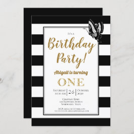 白黒と金ゴールドの最初の誕生日パーティー 招待状