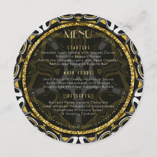 白黒と金ゴールドの結婚ジオメトリの丸 メニュー (正面)