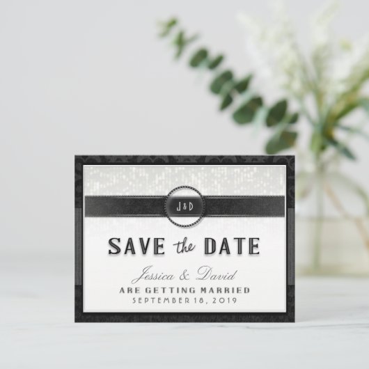 白黒と金ゴールドアールデコのTouch日付の保存 案内ポストカード (スタンド正面)