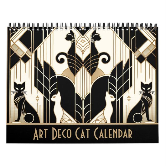 白黒と金ゴールドアールデコ猫 カレンダー (カバー)