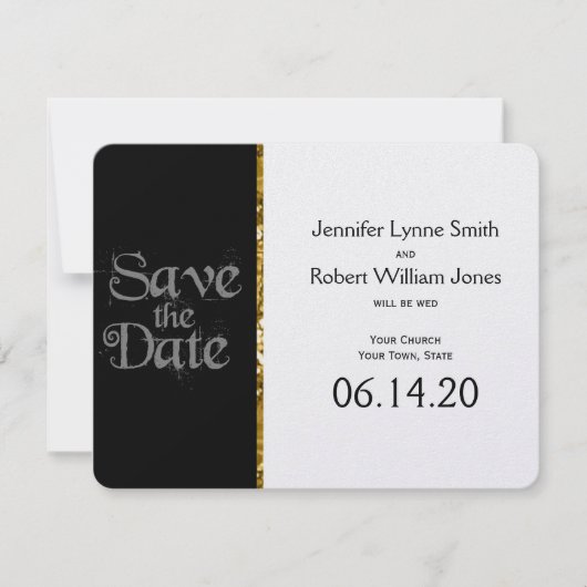 白黒と金ゴールドグリッター結婚式日付を保存 セーブザデート (正面)