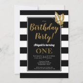 白黒と金ゴールドグリッター1st誕生日パーティー 招待状 (正面)