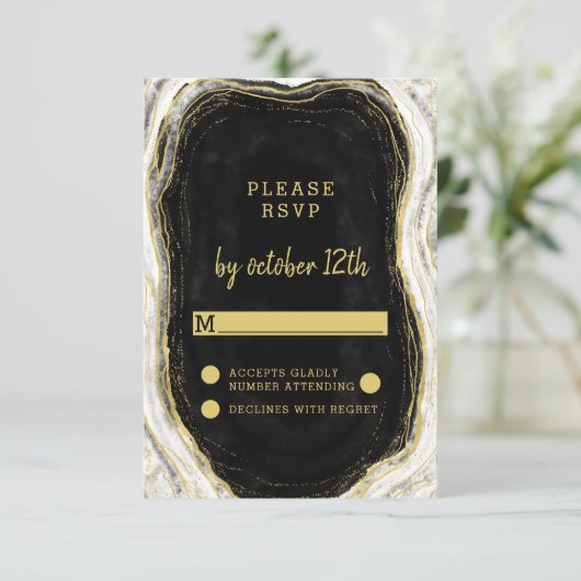 白黒と金ゴールドゲートゲートウェディングRSVP返信 出欠カード (スタンド正面)