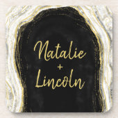 白黒と金ゴールドゲードアゲテ結婚ズモノグラム コースター (正面)