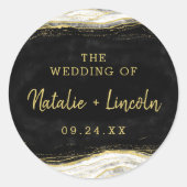 白黒と金ゴールドゲードアゲートモノグラム結婚ズ ラウンドシール (正面)
