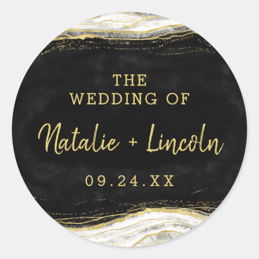 白黒と金ゴールドゲードアゲートモノグラム結婚ズ ラウンドシール (正面)