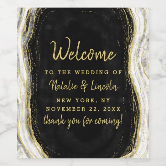 白黒と金ゴールドゲードアゲ結婚ートの歓迎 ワインラベル (シングルラベル)