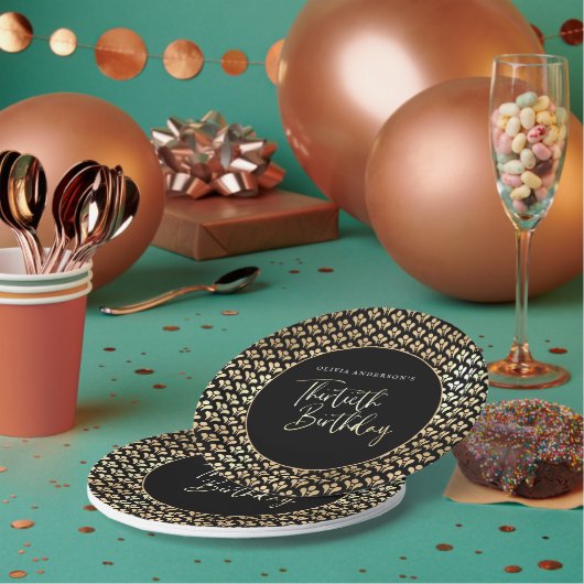 白黒と金ゴールドスクリプト30th誕生日パーティー ペーパープレート (複数)