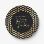 白黒と金ゴールドスクリプト30th誕生日パーティー ペーパープレート (正面)