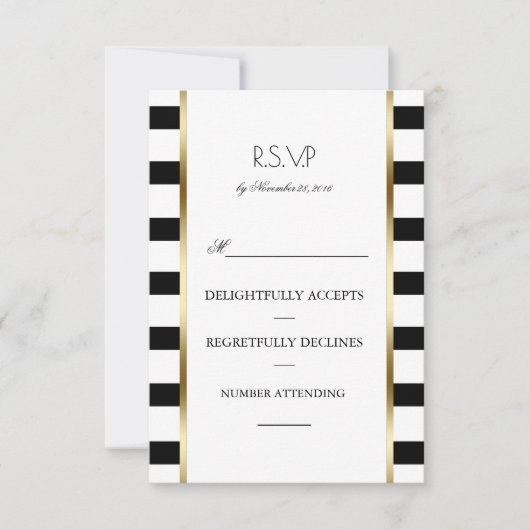 白黒と金ゴールドストライプウェディングRsvp 出欠カード (正面)
