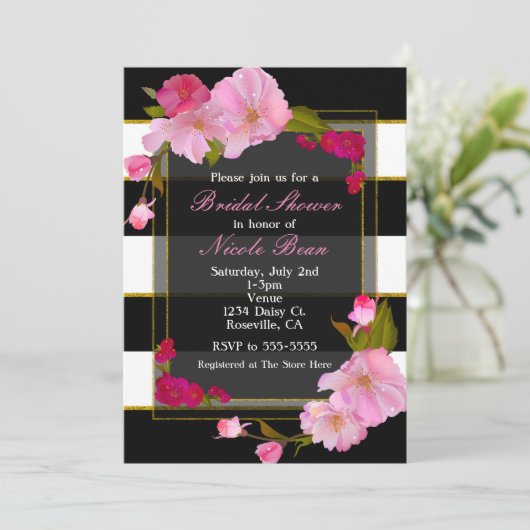 白黒と金ゴールドモダンフローラシックパーティー 招待状 (スタンド正面)