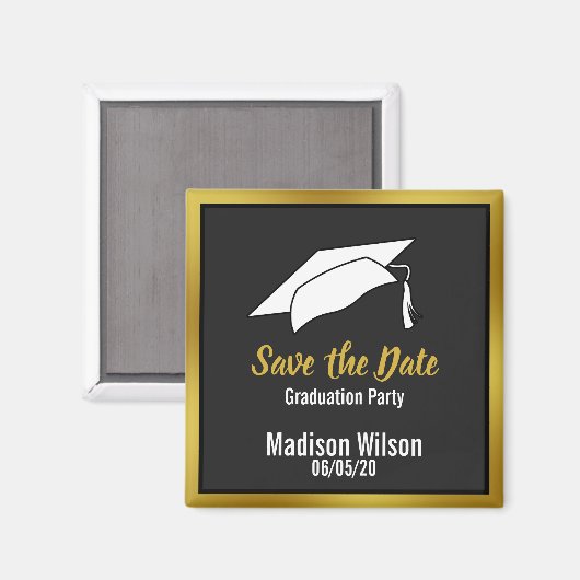 白黒と金ゴールド日付の保存の卒業式パーティー マグネット (正面/裏面)