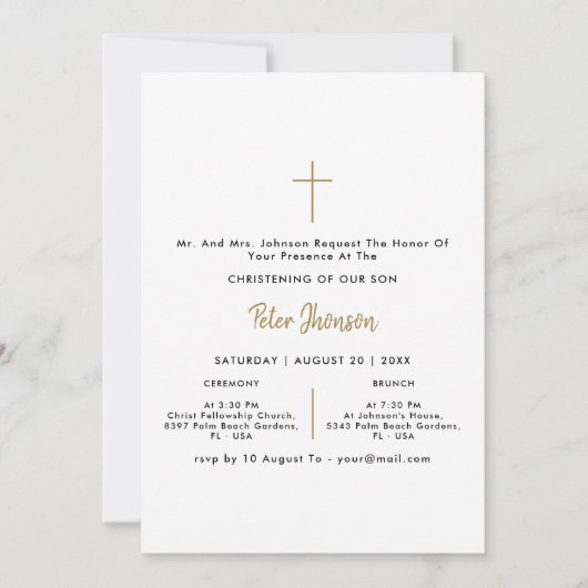 白黒と金ゴールド男女兼用《キリスト教》洗礼式や命名式 招待状 (正面)