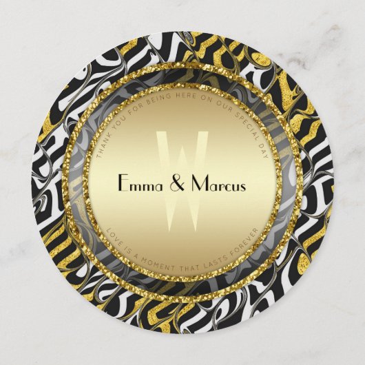 白黒と金ゴールド結婚のラウンドメニューカード メニュー (裏面)