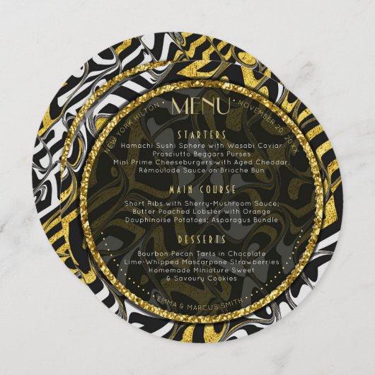 白黒と金ゴールド結婚のラウンドメニューカード メニュー (正面/裏面)