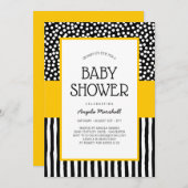 白黒と黄お洒落色のベビーシャワー 招待状 (正面/裏面)